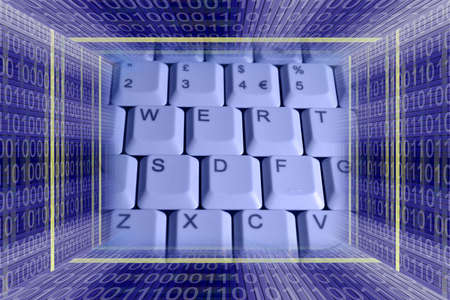 Information technology background. Binary code tunnel and keyboard close-upの写真素材