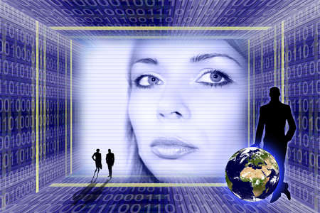 Global information technologies concept. A luminous girl portrait, people silhouettes and an Earth...