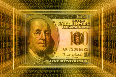 Global Information technology, binary code tunnel. Money concept, USA dollarsの写真素材