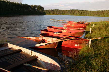 Boats in the lake, early morningの写真素材