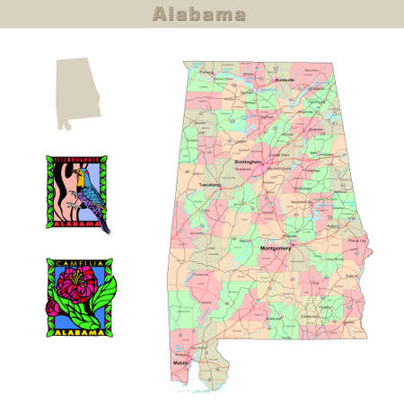 USA states series: Alabama. Political map with counties, roads, state's contour, bird and flowerの写真素材