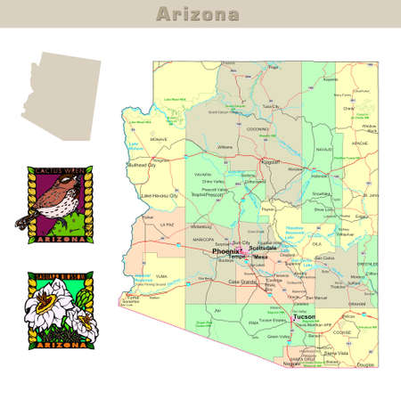 USA states series: Arizona. Political map with counties, roads, state's contour, bird and flowerの写真素材