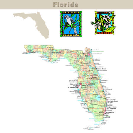 USA states series: Florida. Political map with counties, roads, state's contour, bird and flowerの写真素材
