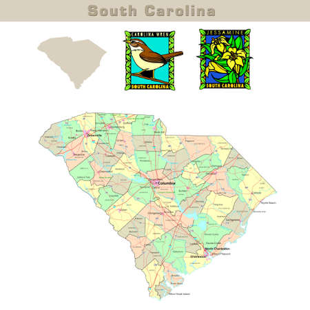 USA states series: South Carolina. Political map with counties, roads, state's contour, bird and flowerの写真素材