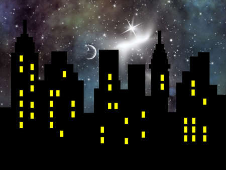 Abstract city silhouette against space backgroundの写真素材
