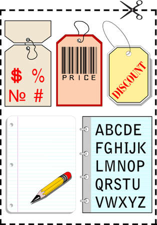 Vector tags, notebooks and dotted frame with scissorsのイラスト素材