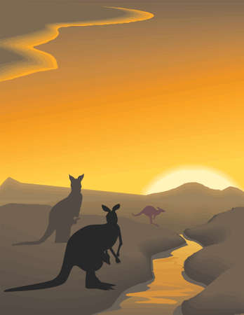 Vector evening landscape illustration with wild animalsのイラスト素材