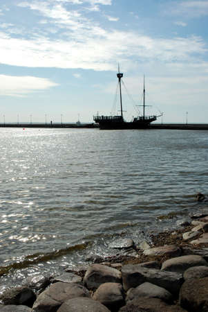 A ship on a sea frontの写真素材