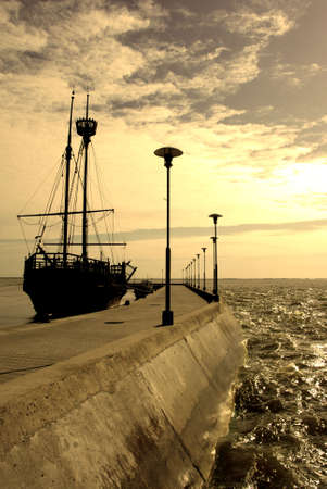 A ship on a sea frontの写真素材