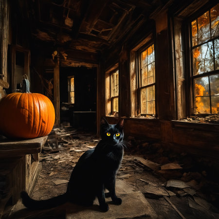 Spooky Halloween interior of abandoned house with cat and pumpkinsの素材