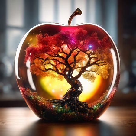 Shining glass apple with a Tree of Life inside - education, knowledge, life, wisdom, health conceptの素材