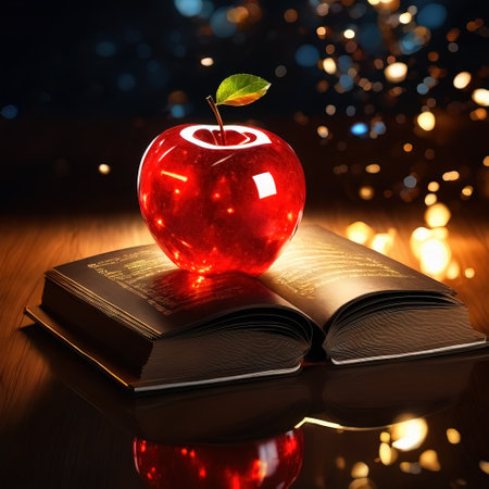 Shining glass apple with books - education, knowledge, learning, teaching, library, back to schoolの素材