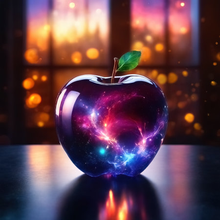 Celestial glass apple with cosmic galaxies inside - conception of knowledge, research, discoveries, space, Universe, life and worldの素材