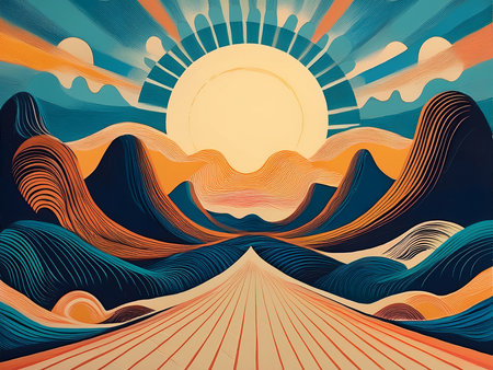 Sunset over the sea. Vector illustration in retro style. EPS10の素材
