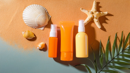 Sunscreen bottles with seashells and palm leaf on color backgroundの素材
