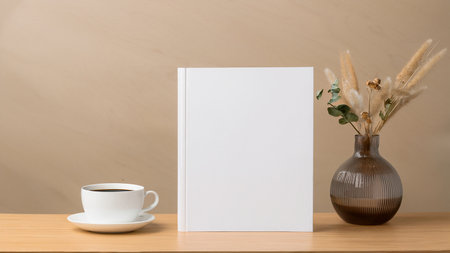 Blank book, coffee and vase on wood table with copy spaceの素材
