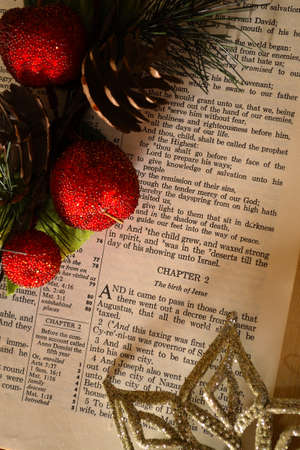 Christmas / Bible opened to the story and decorated.の写真素材