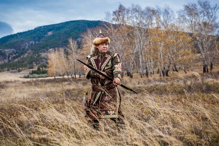 Kazakh, hungarian warrior with bow. Hunter.のeditorial素材