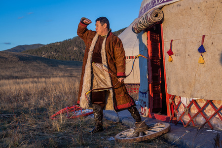 Kazakh, hungarian warrior whith bow. Hunter.