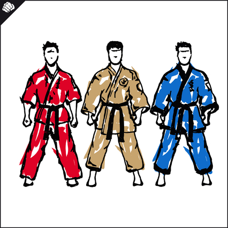 Martial arts. Karate fighters silquette high kick.のイラスト素材