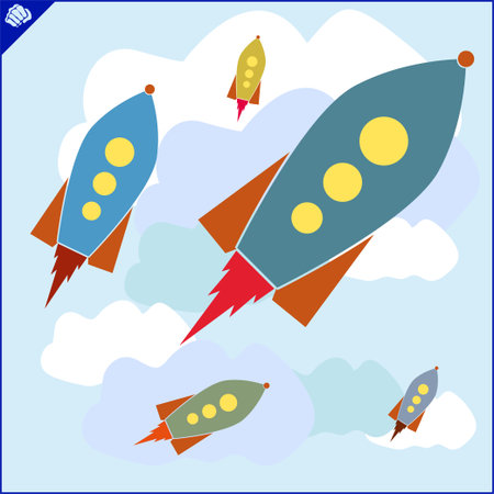 Colored art cartoon rocket jet in cloud blue skyのイラスト素材
