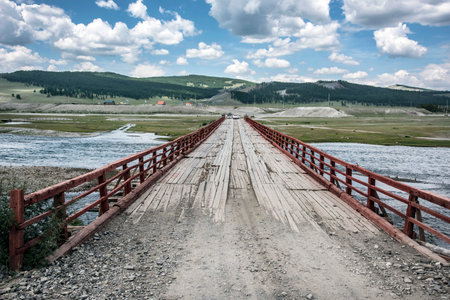 A wooden suspension bridge background. High quality backgroundの写真素材