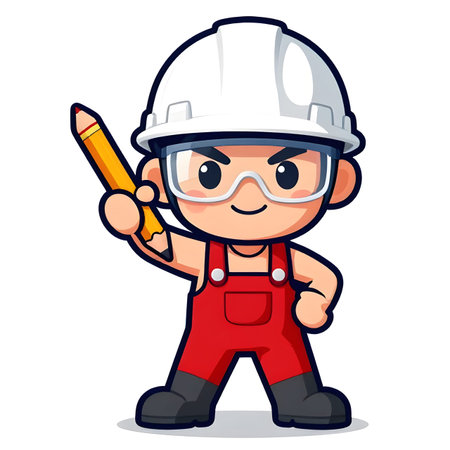 Cartoon CHIBI style construction worker. Active working posture. Ideal icon for logo, badge, branding, company mascot. High qualityの写真素材
