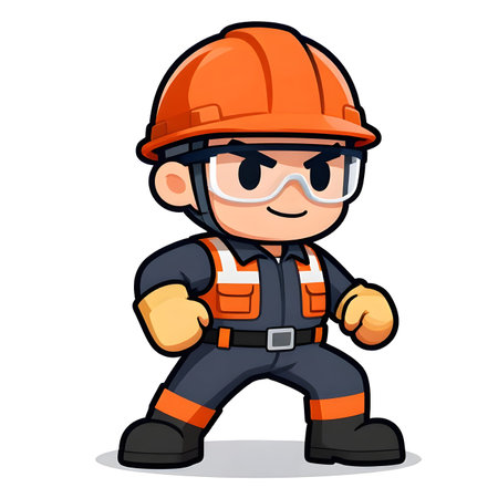 Cartoon CHIBI style construction worker. Active working posture. Ideal icon for logo, badge, branding, company mascot. High qualityの写真素材