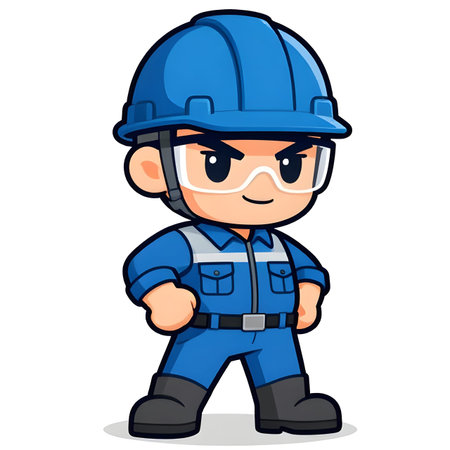 Cartoon CHIBI style construction worker. Active working posture. Ideal icon for logo, badge, branding, company mascot. High qualityの写真素材