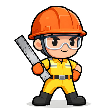 Cartoon CHIBI style construction worker. Active working posture. Ideal icon for logo, badge, branding, company mascot. High qualityの写真素材