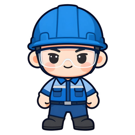 Cartoon CHIBI style construction worker. Active working posture. Ideal icon for logo, badge, branding, company mascot. High qualityの写真素材