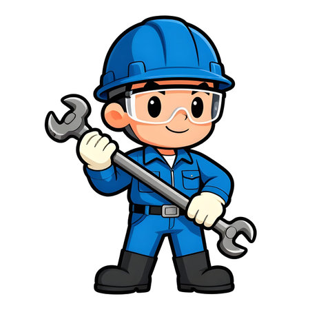 Cartoon CHIBI style construction worker. Active working posture. Ideal icon for logo, badge, branding, company mascot. High qualityの写真素材