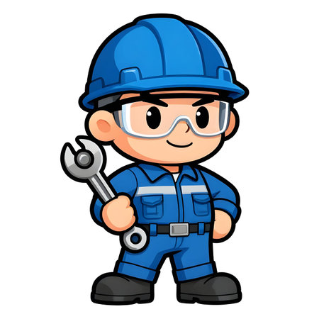 Cartoon CHIBI style construction worker. Active working posture. Ideal icon for logo, badge, branding, company mascot. High qualityの写真素材