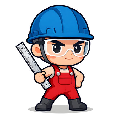Cartoon CHIBI style construction worker. Active working posture. Ideal icon for logo, badge, branding, company mascot. High qualityの写真素材