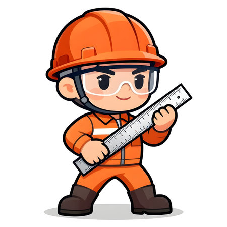 Cartoon CHIBI style construction worker. Active working posture. Ideal icon for logo, badge, branding, company mascot. High qualityの写真素材