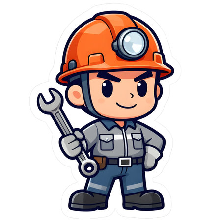 Cartoon CHIBI style construction worker. Active working posture. Ideal icon for logo, badge, branding, company mascot. High qualityの写真素材