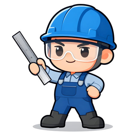 Cartoon CHIBI style construction worker. Active working posture. Ideal icon for logo, badge, branding, company mascot. High qualityの写真素材