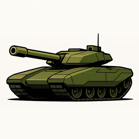 An army battle tank with a cannon on tracks. Military paint. Comic illustration. High quality