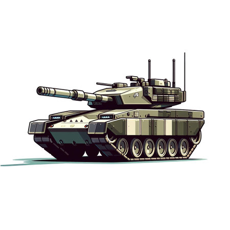 An army modern battle tank with a cannon on tracks. Military paint. Comic illustration. High quality