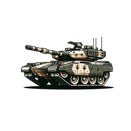 An army modern battle tank with a cannon on tracks. Military paint. Comic illustration. High quality