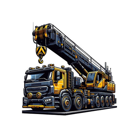 Cartoon mobile crane on a road. A powerful, strong truck crane on wheels. For construction sites and...