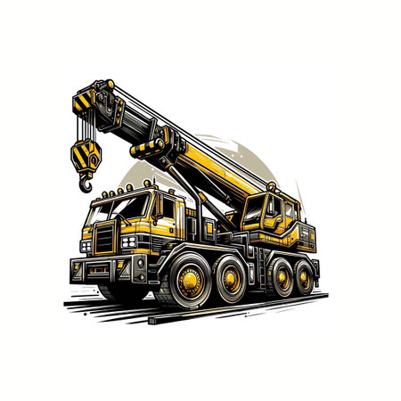 Cartoon mobile crane on a road. A powerful, strong truck crane on wheels. For construction sites and...