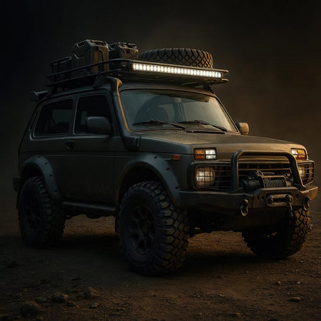 Caricature car Illustration. The car is clearly recognizable, but with distorted proportions. High quality.の写真素材