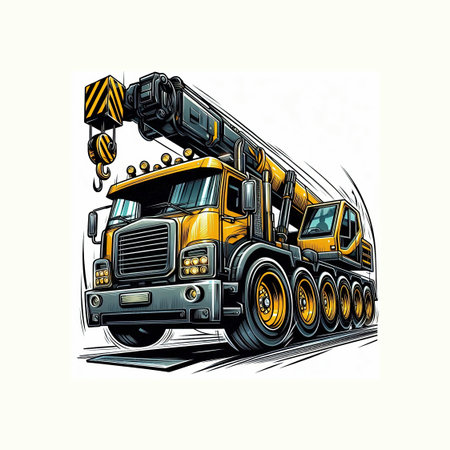 Cartoon mobile crane on a road. A powerful, strong truck crane on wheels. For construction sites and...