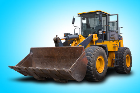 The yellow big power heavy building bulldozer.
