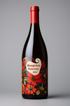 bottle of wine, glass of wine, black grape and vine leaves on gray backgroundの素材