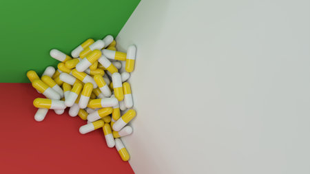 full of capsules - in a corner with empty space - 3D renderingの写真素材