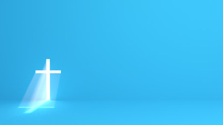 catholic cross with intense light and mist - blue background - 3D renderingの写真素材