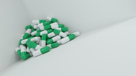 full of capsules - in a corner with empty space - 3D renderingの写真素材