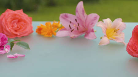 Close up beautiful flowers roses and lilies on a glass table outdoors. Macro shooting, camera slowly moving on slider. Dolly shot.の写真素材